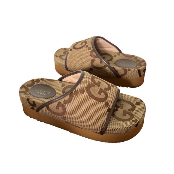 Gucci Supreme Jumbo GG Monogram Platform Slide Sandal Camel Canvas Maxi Size 39 - Picture 1 of 16